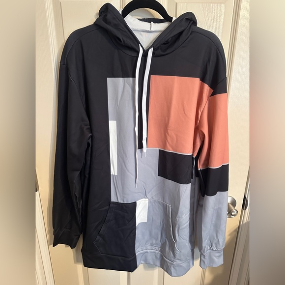 Other - Men’s Lightweight Colorblock Sweatshirt w Hood, Black, Gray & Salmon, Sz XL